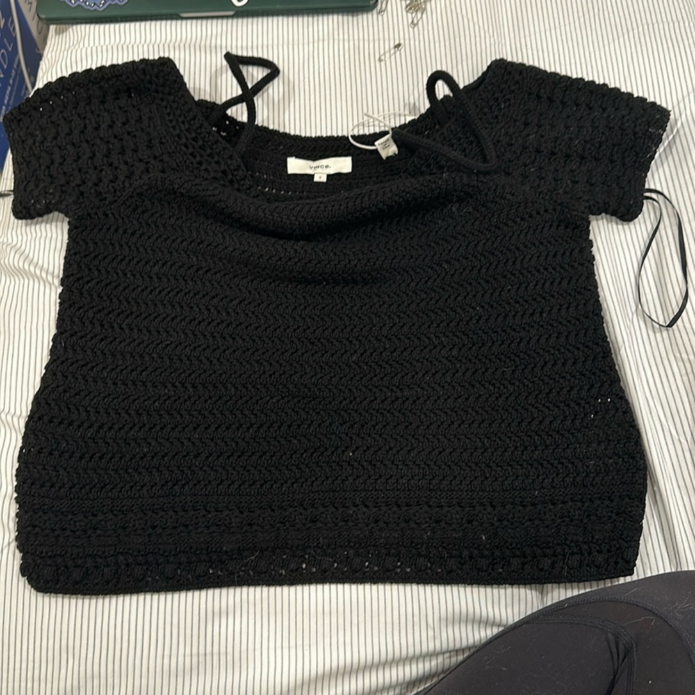 Vince Knit Top Womens Large Black Cutout Organic Cotton Short Sleeve Straps NWT